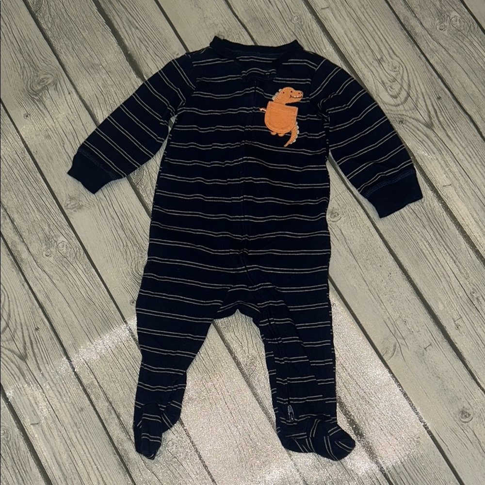 Carter’s 9mo Navy Striped Kids Sleeper with Orange Dinosaur